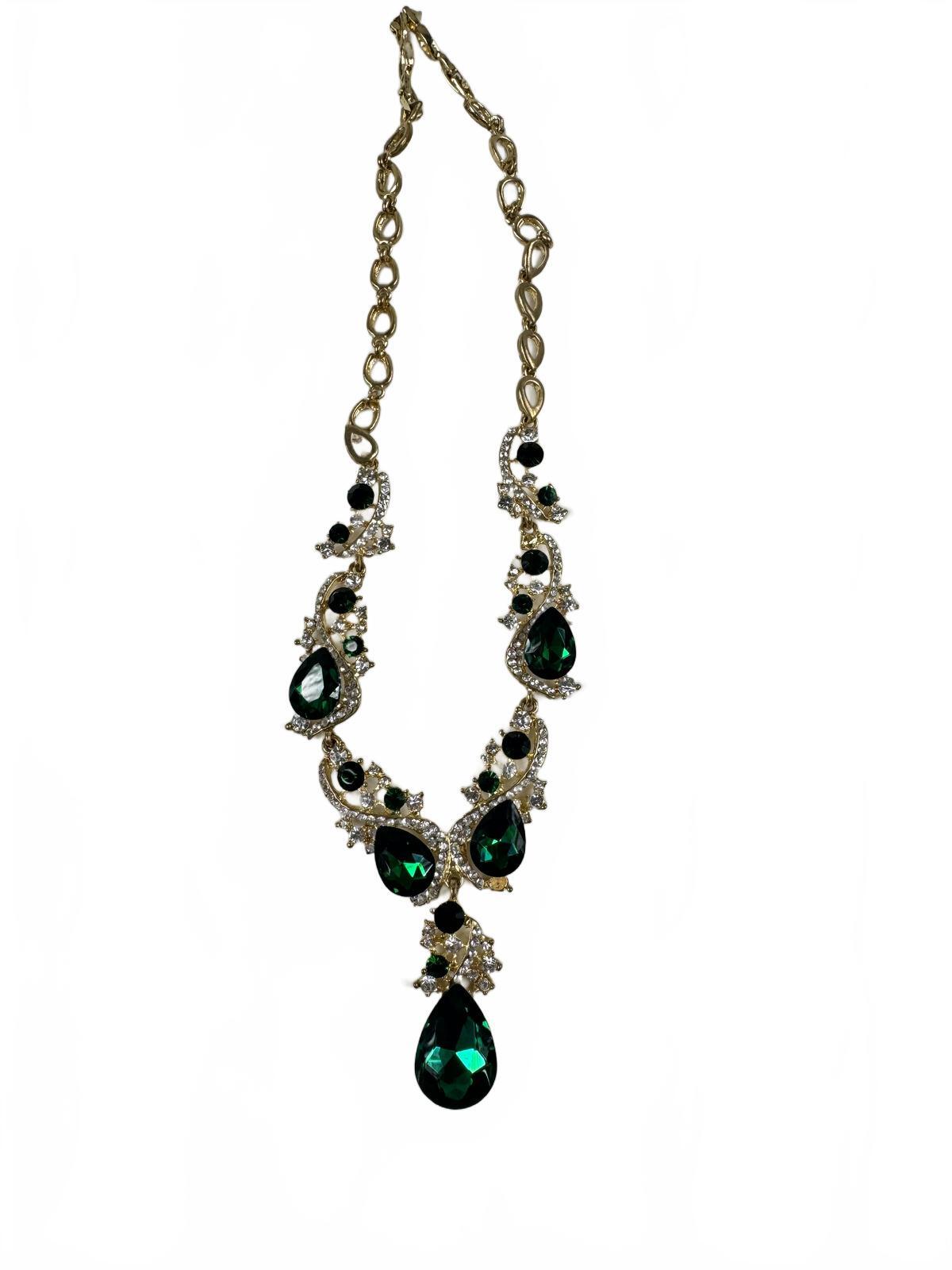 Fashion Jewelry Gold Toned Necklace Green & White Rhinestones Women's Necklace