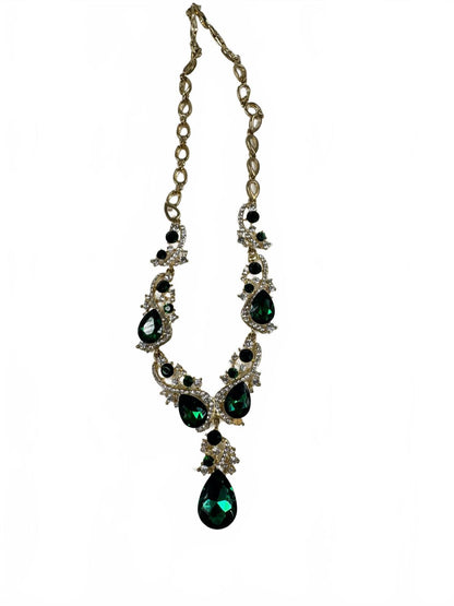Fashion Jewelry Gold Toned Necklace Green & White Rhinestones Women's Necklace