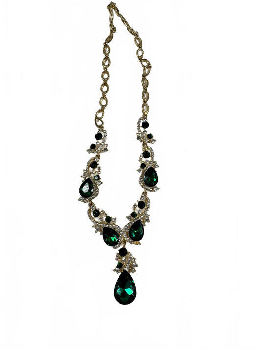 Fashion Jewelry Gold Toned Necklace Green & White Rhinestones Women's Necklace