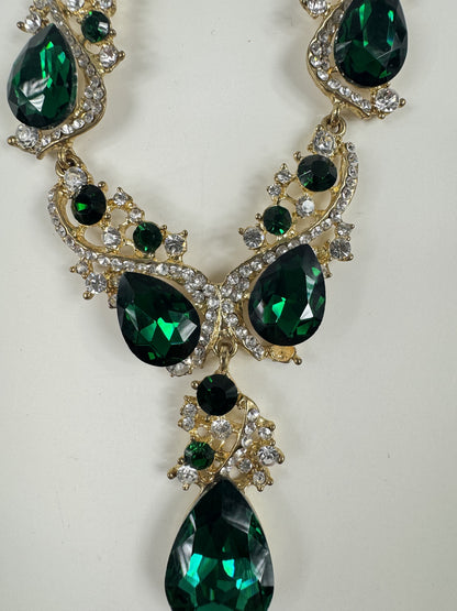 Fashion Jewelry Gold Toned Necklace Green & White Rhinestones Women's Necklace