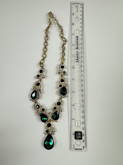 Fashion Jewelry Gold Toned Necklace Green & White Rhinestones Women's Necklace