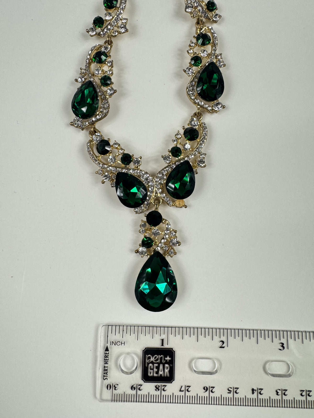 Fashion Jewelry Gold Toned Necklace Green & White Rhinestones Women's Necklace