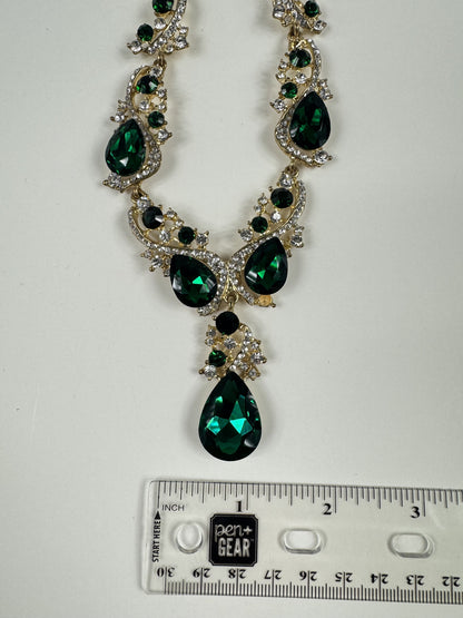 Fashion Jewelry Gold Toned Necklace Green & White Rhinestones Women's Necklace