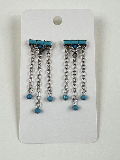 Fashion Jewelry Silver & Turquoise Tone Fringe Earrings