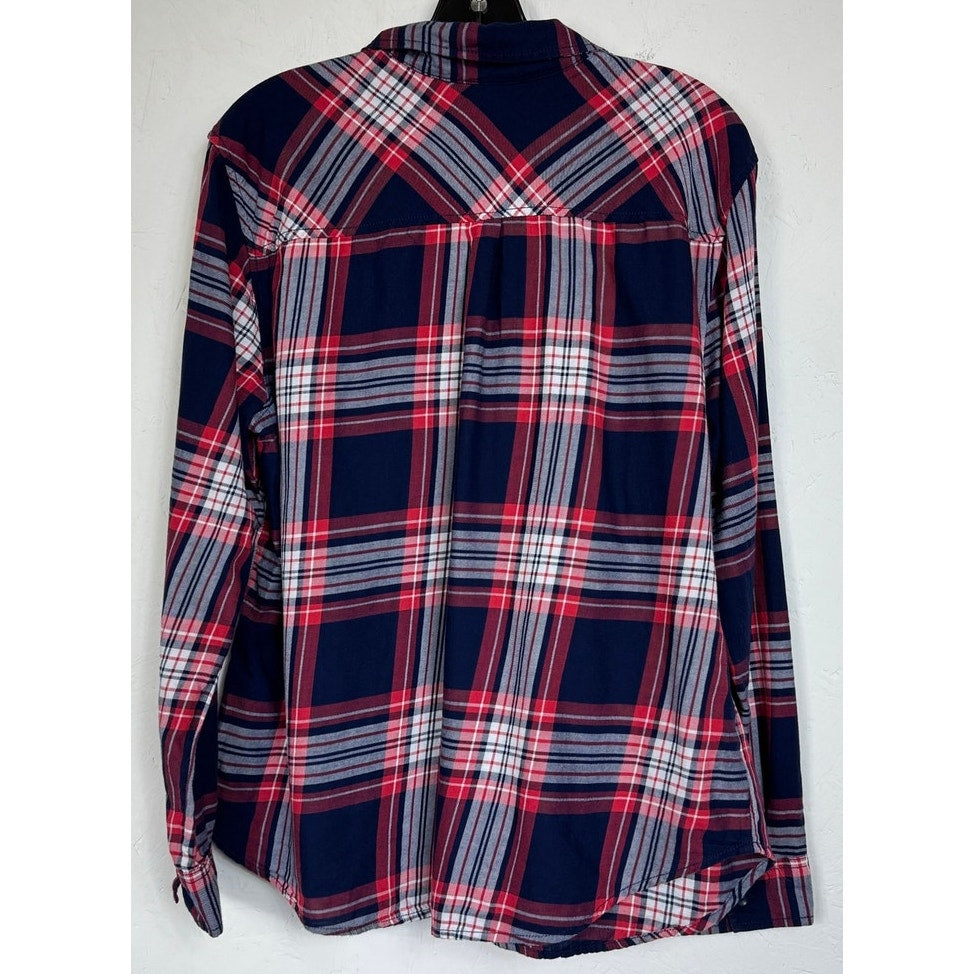 Faded Glory Blue & Red Long Sleeve Button Up Shirt Women's XL