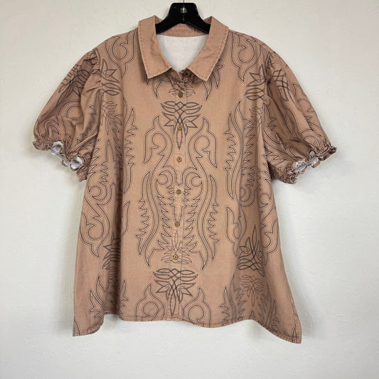Beige Western Print Women's Blouse Size 2XL Puff Sleeve Button Front - Image 1
