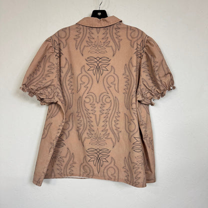 Beige Western Print Women's Blouse Size 2XL Puff Sleeve Button Front - Image 2
