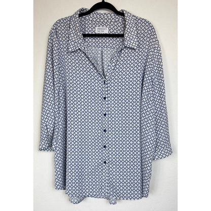 Prescott New York White & Blue 3/4 Sleeve Button Up Blouse Women's 5X