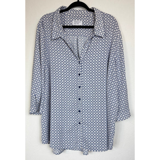 Prescott New York White & Blue 3/4 Sleeve Button Up Blouse Women's 5X