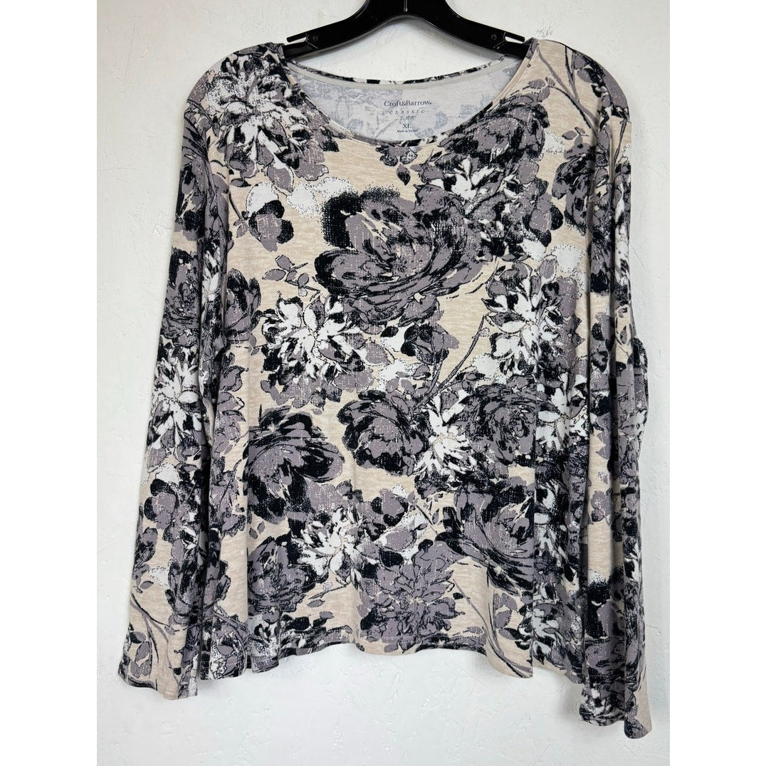 Croft & Barrow Beige & Gray Long Sleeve Blouse Women's XL