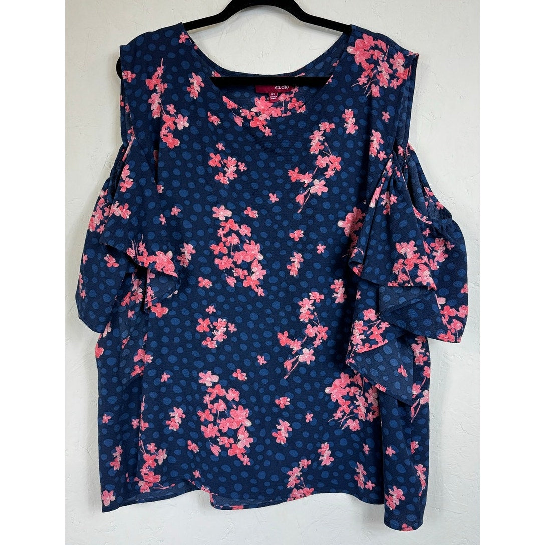 Downing Studio Blue Floral Short Sleeve Blouse Women's 5X