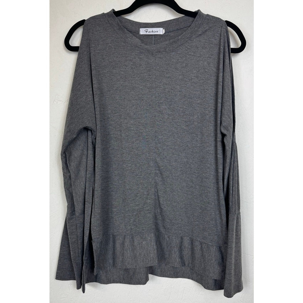 Fashion Gray Cold Shoulder Long Sleeve Blouse Women's Large