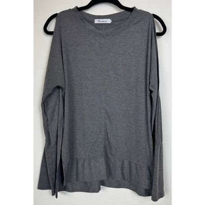 Fashion Gray Cold Shoulder Long Sleeve Blouse Women's Large