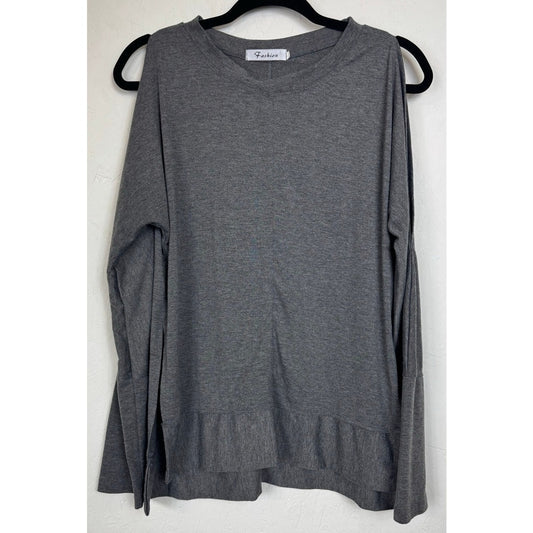 Fashion Gray Cold Shoulder Long Sleeve Blouse Women's Large