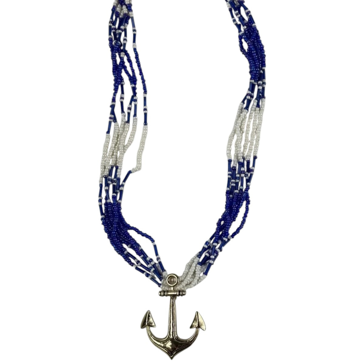 Fashion Jewelry Gold Toned Anchor Blue& White Beaded Women's Necklace - Blue - Image 1