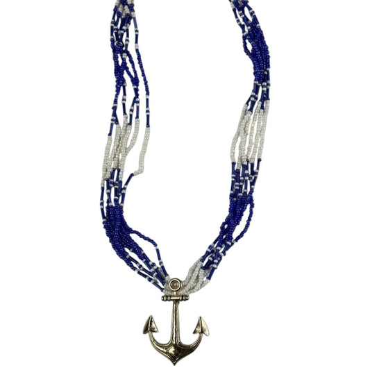Fashion Jewelry Gold Toned Anchor Blue& White Beaded Women's Necklace - Blue - Image 1