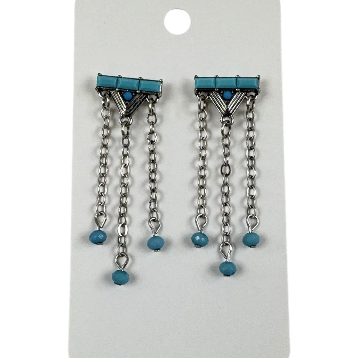 Fashion Jewelry Silver & Turquoise Tone Fringe Earrings - Image 1