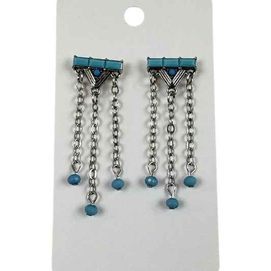 Fashion Jewelry Silver & Turquoise Tone Fringe Earrings - Image 1