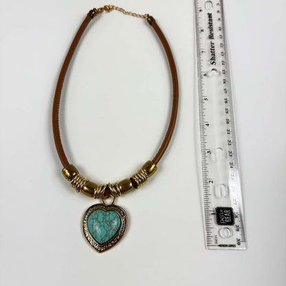 Fashion Jewelry Tan Cord Gold Framed Turquoise Heart Cord  Women's Necklace - Image 2