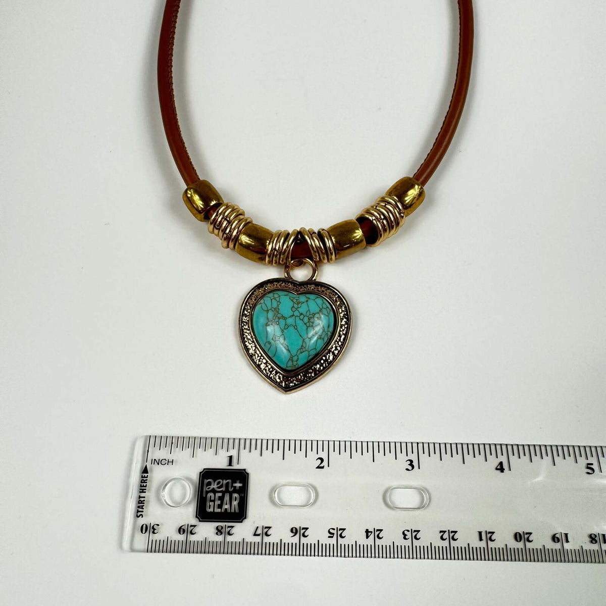 Fashion Jewelry Tan Cord Gold Framed Turquoise Heart Cord  Women's Necklace - Image 3