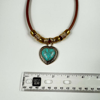 Fashion Jewelry Tan Cord Gold Framed Turquoise Heart Cord  Women's Necklace - Image 3