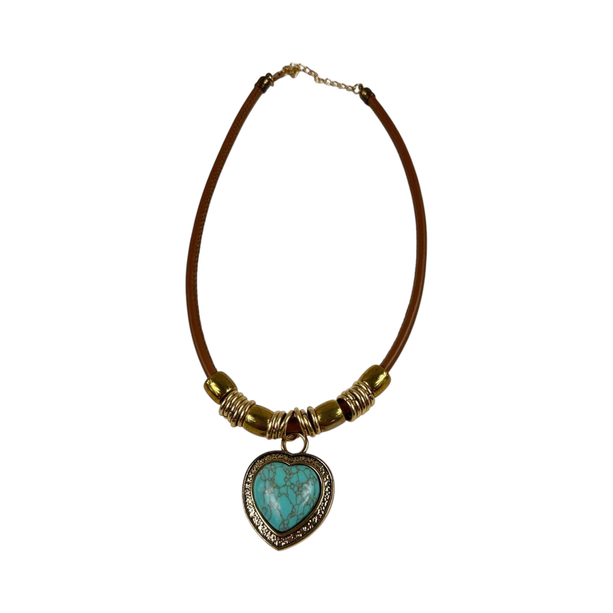 Fashion Jewelry Tan Cord Gold Framed Turquoise Heart Cord  Women's Necklace - Image 1