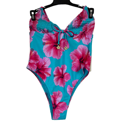 No Boundaries Women's Blue Hibiscus One-piece  XS - Image 1