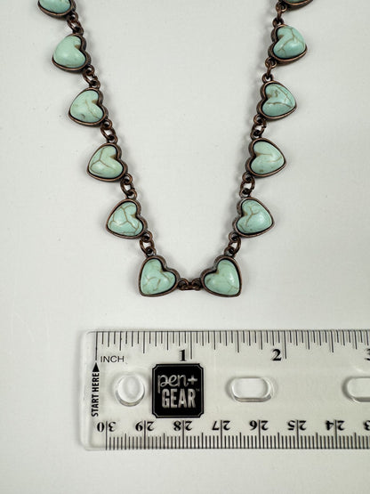 Fashion Jewelry Brass Toned Chain with Turquoise Heart Stones Women's Necklace