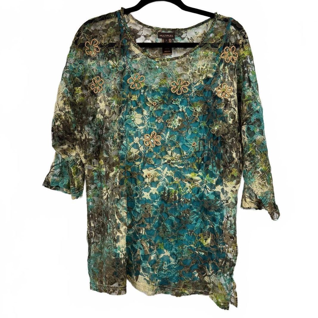 Multiples Green & Blue and Brown 3/4 Sleeve Blouse Women's Size Large