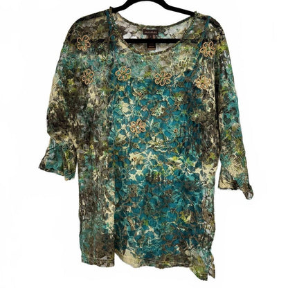 Multiples Green & Blue and Brown 3/4 Sleeve Blouse Women's Size Large