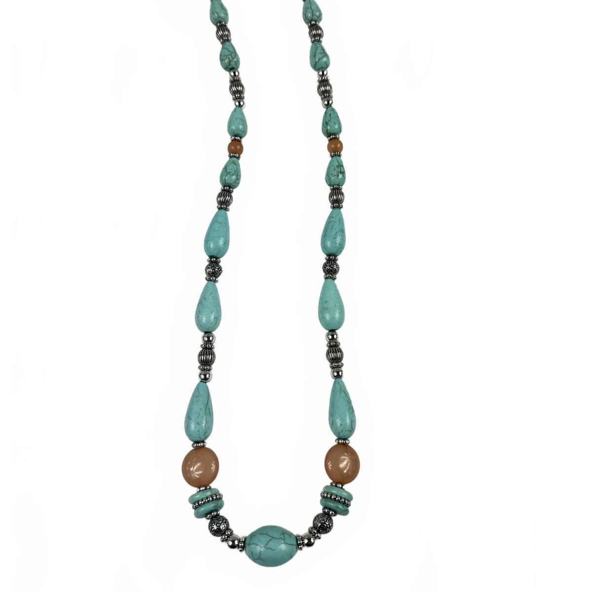 Fashion Jewelry Beaded Silver, Turquoise & Brown Toned Women's Necklace