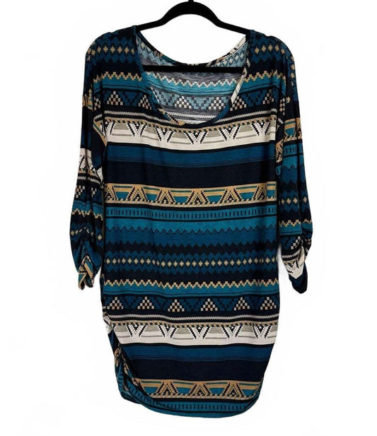 Color Swatch Blue and Beige Long Sleeve Women's Blouse