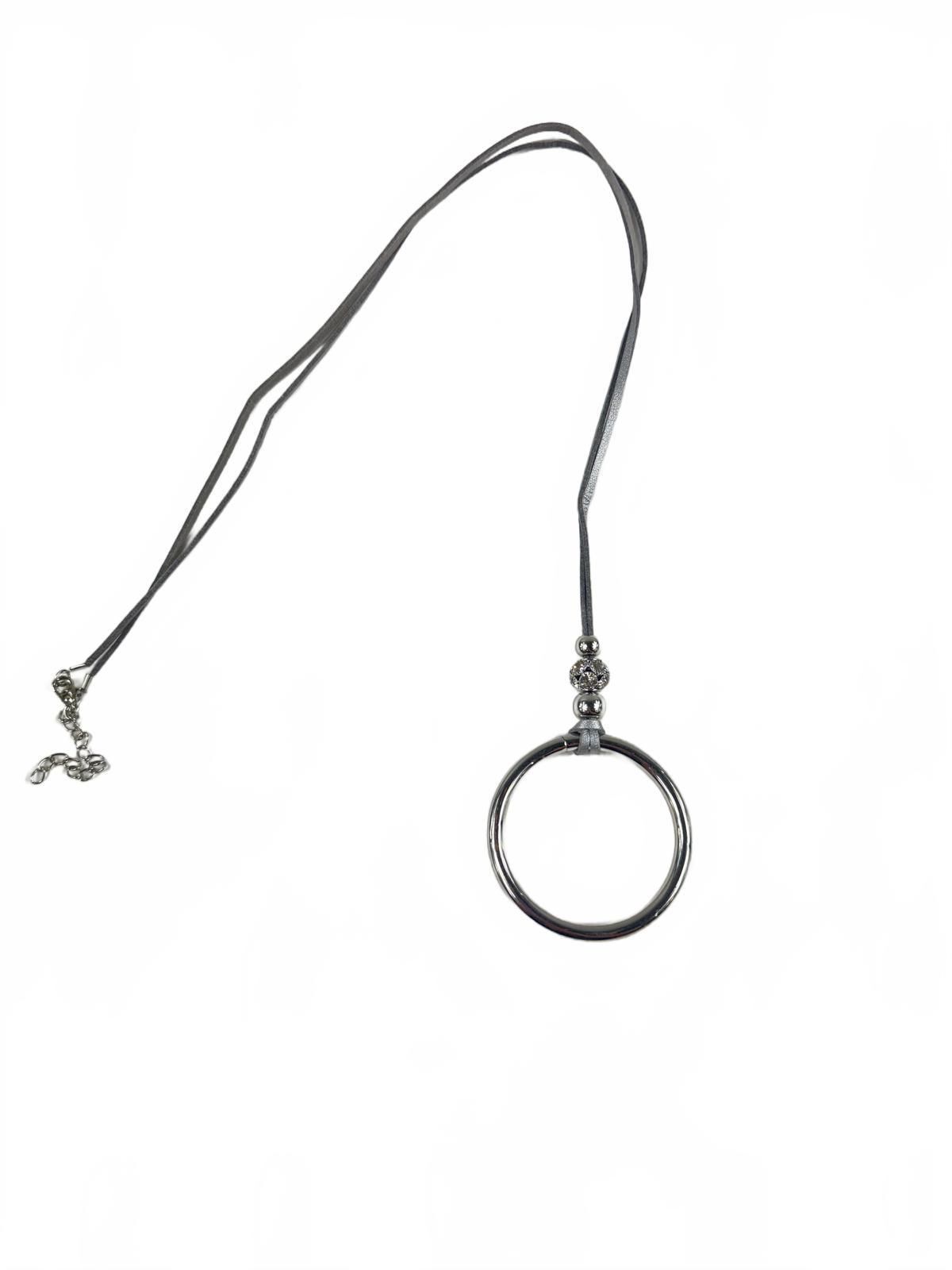 Fashion Jewelry Silver Toned Beads & Hoop On Faux Leather Cord Women's Necklace