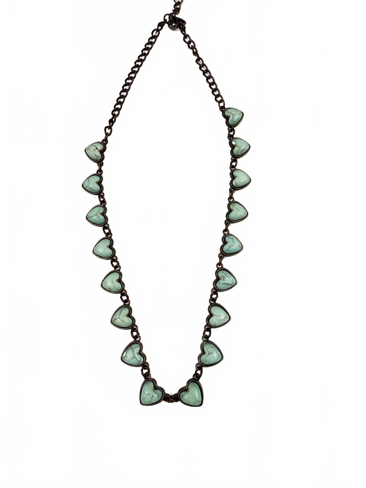 Fashion Jewelry Brass Toned Chain with Turquoise Heart Stones Women's Necklace