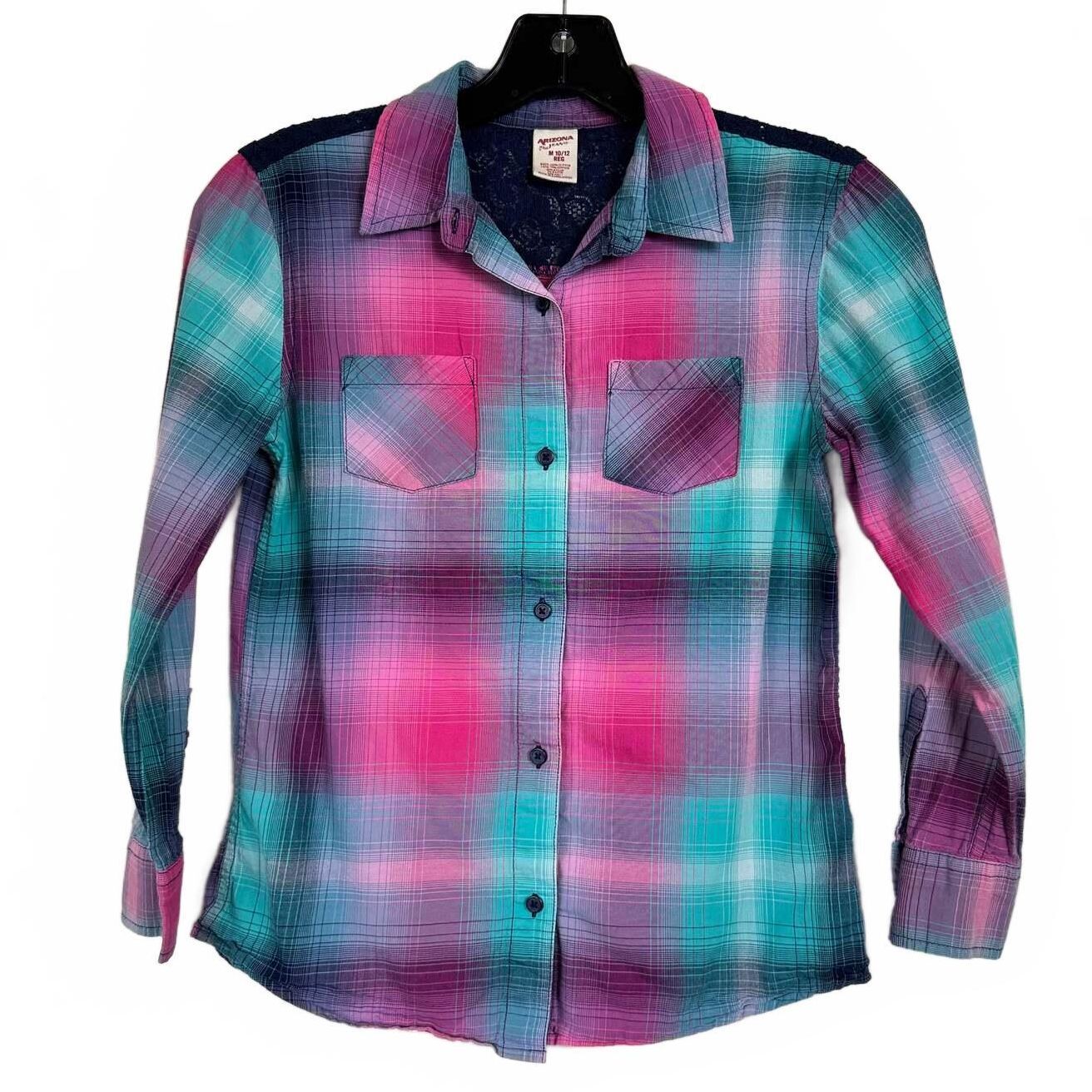 Arizona Jeans Pink And Blue Long Sleeve Buton Up Blouse Girl's Size Medium