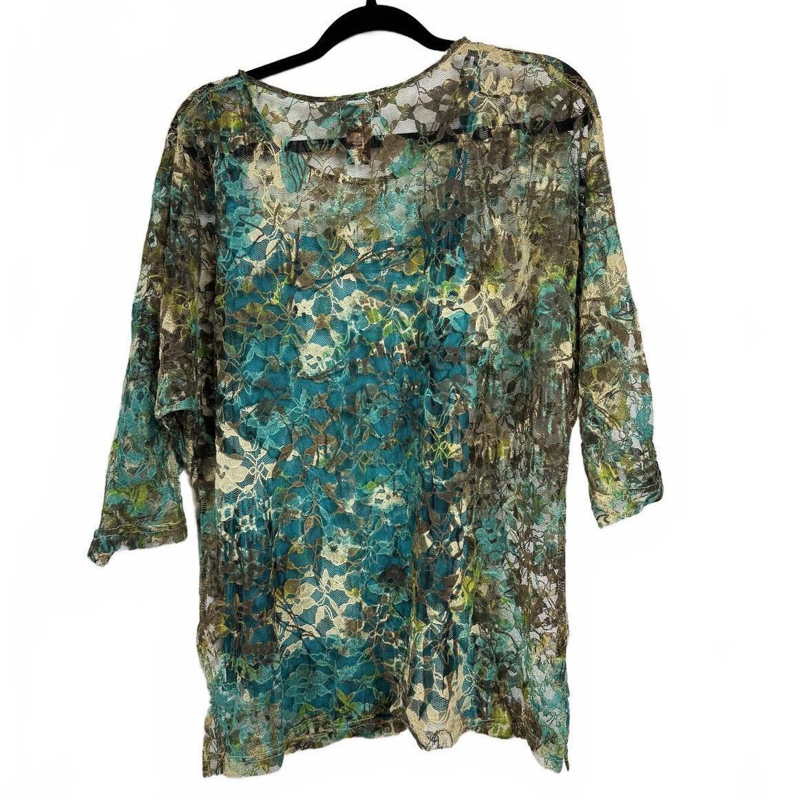 Multiples Green & Blue and Brown 3/4 Sleeve Blouse Women's Size Large
