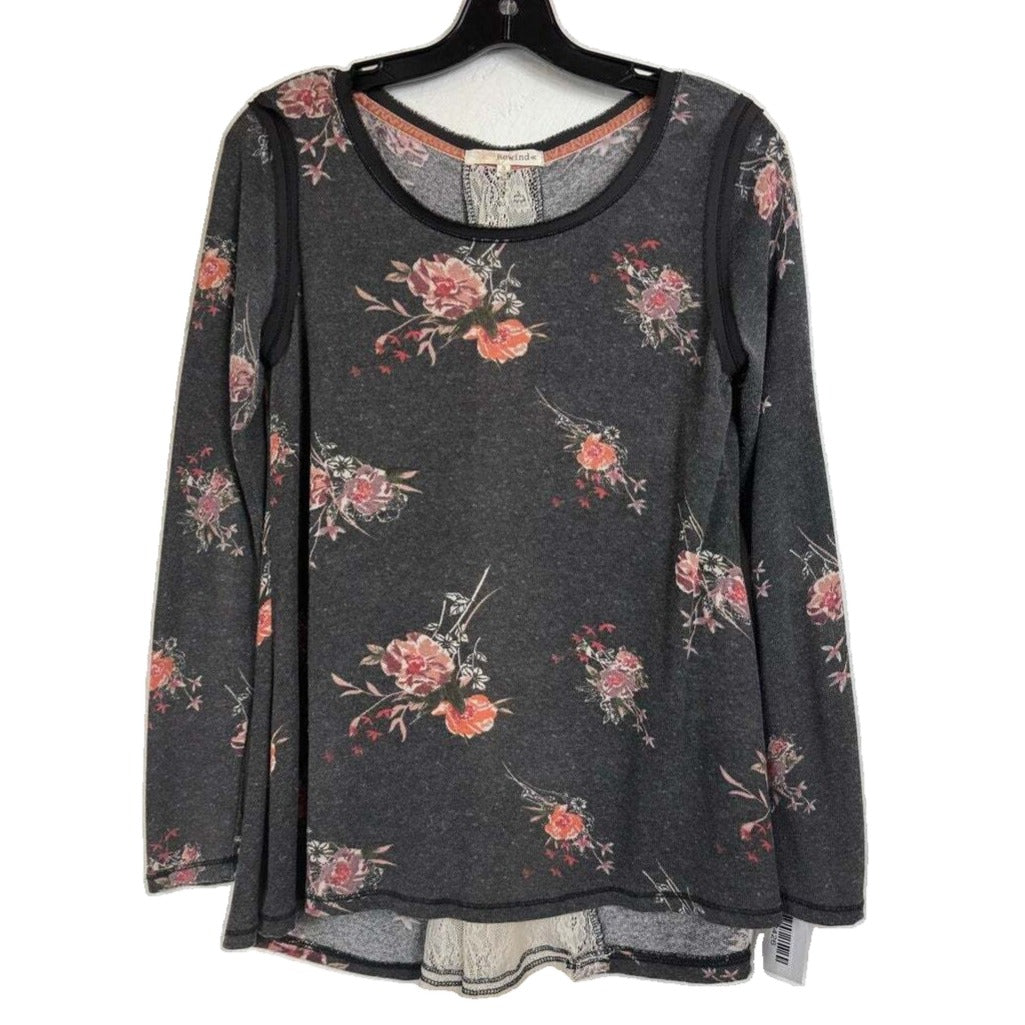 Rewind Small Gray Long Sleeve Blouse Floral Lace - Image 1