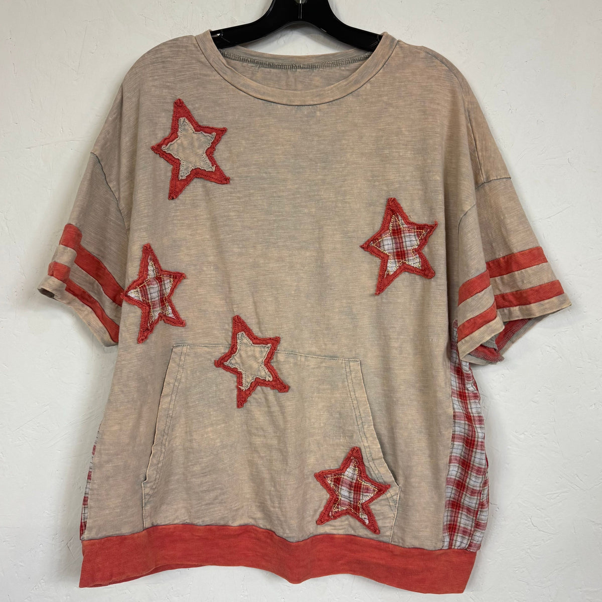 SHEIN Bohemela BOHO Beige Orange Plaid Patchwork Star Top Size Large - Image 1