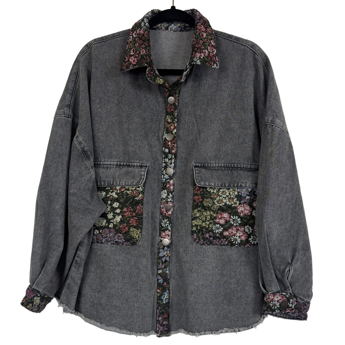 West Fade Shacket Washed Grey Denim Floral Trim Size Medium - Image 1
