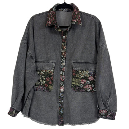 West Fade Shacket Washed Grey Denim Floral Trim Size Medium - Image 1