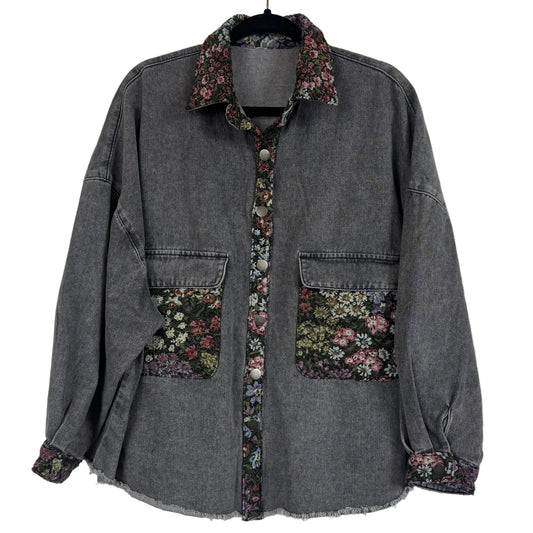 West Fade Shacket Washed Grey Denim Floral Trim Size Medium - Image 1