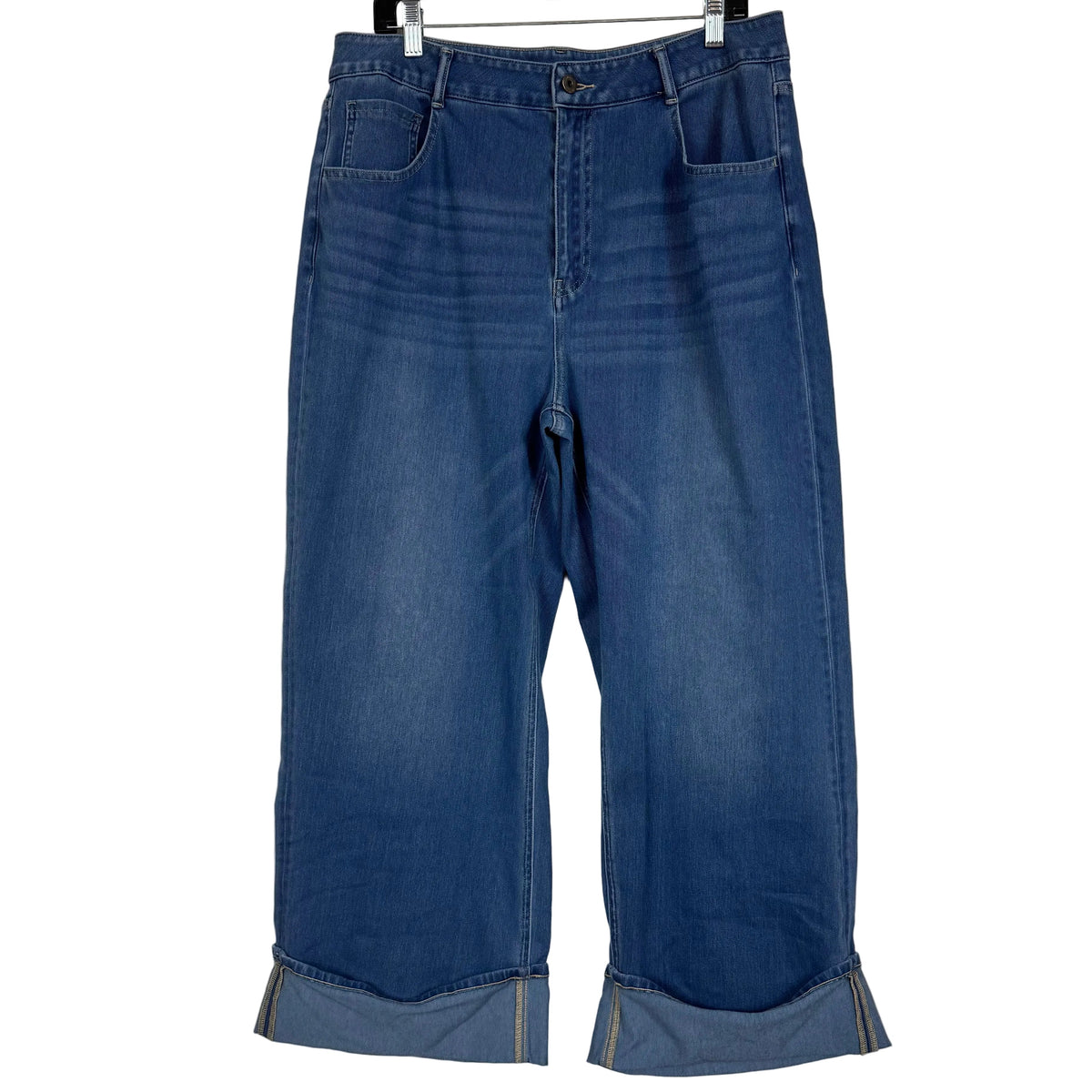 Halara Wide Leg Cropped Jeans Cuffed Hem Blue Denim Women's Size XL - Image 1