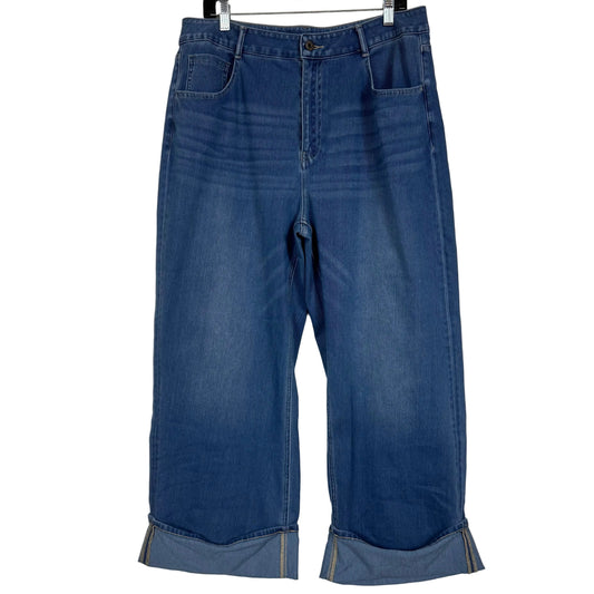 Halara Wide Leg Cropped Jeans Cuffed Hem Blue Denim Women's Size XL - Image 1