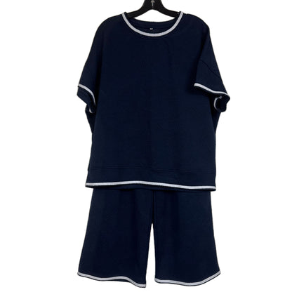 XL Navy Blue Textured Knit Lounge Set Short Sleeve White Trim Pants - Image 1
